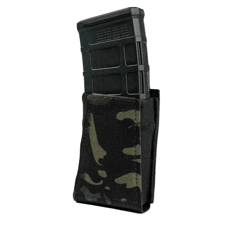 GBRS Group Single Rifle Magazine Pouch in MultiCam Black shown in a clean front product shot, featuring open-top elastic retention and laser-cut Squadron laminate for secure AR and AK magazine carry on MOLLE belts, chest rigs, and plate carriers.