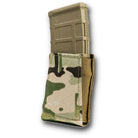 GBRS Group Single Rifle Magazine Pouch in Multicam displayed front-facing, highlighting the open-top elastic retention and laser-cut Squadron laminate design built for secure AR and AK magazine carry on MOLLE rigs, belts, and plate carriers.