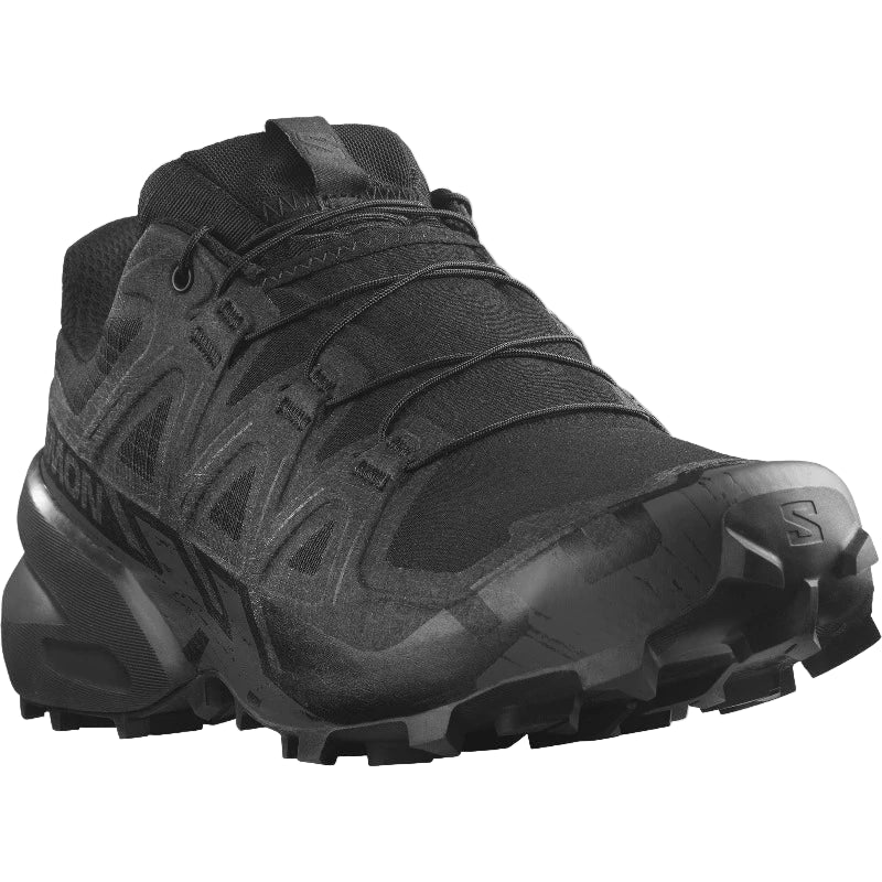 Salomon Speedcross 6 FORCES in Black, built for tactical speed and grip on any terrain. Features Quicklace® system, aggressive mud-shedding outsole, and reinforced upper for law enforcement, military, and high-tempo training in rugged environments.
