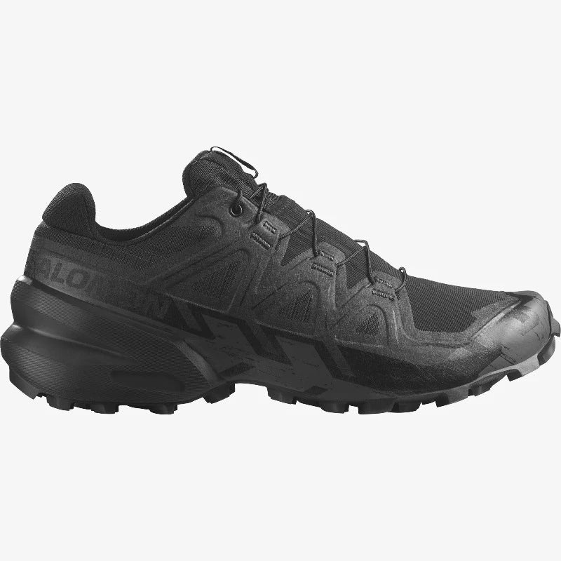 Side view of Salomon Speedcross 6 FORCES in Black showing aggressive Contagrip® outsole and streamlined tactical profile. Lightweight, quick-draining design built for law enforcement, military, and high-speed training on wet or rugged terrain.