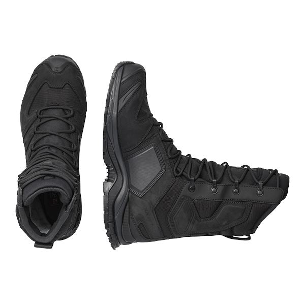 Pair of Black Salomon XA Forces 8 Inch GTX boots showcasing waterproof construction, tactical support, and aggressive traction.