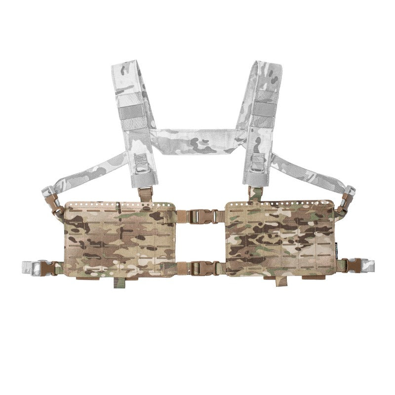 Spiritus Systems 34 Alpha Chest Rig configured with shoulder straps and back strap, demonstrating a complete modular chest rig setup.