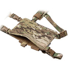 Angled view of the Spiritus Systems 34 Alpha Chest Rig in MultiCam highlighting the split-front design and modular pouch mounting capability.