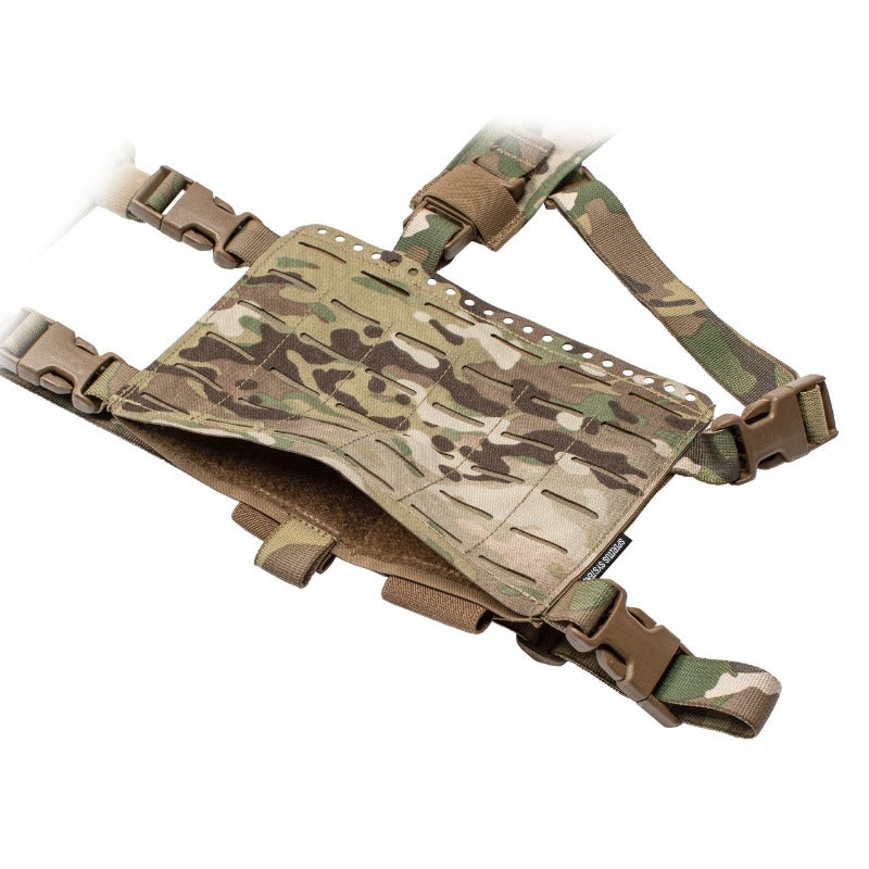 Angled view of the Spiritus Systems 34 Alpha Chest Rig in MultiCam highlighting the split-front design and modular pouch mounting capability.