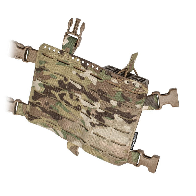 Three-quarter view of the Spiritus Systems 34 Alpha Chest Rig showing the adaptable chassis layout and MOLLE-equipped panels.