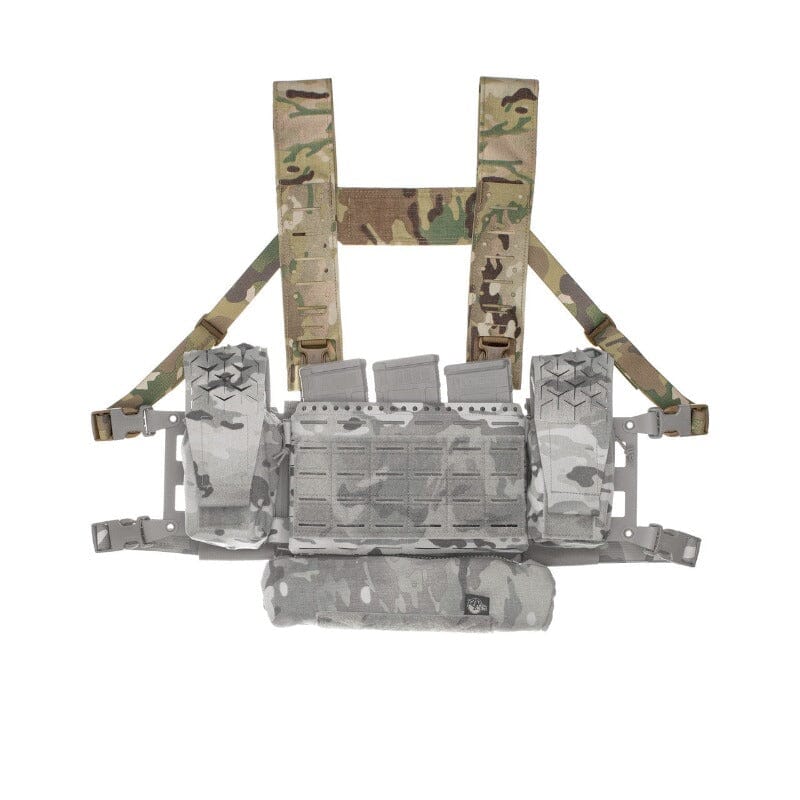Spiritus Systems Fat Strap MK4 mounted to a chest rig chassis, demonstrating complete harness integration and load-bearing support for modular tactical setups.