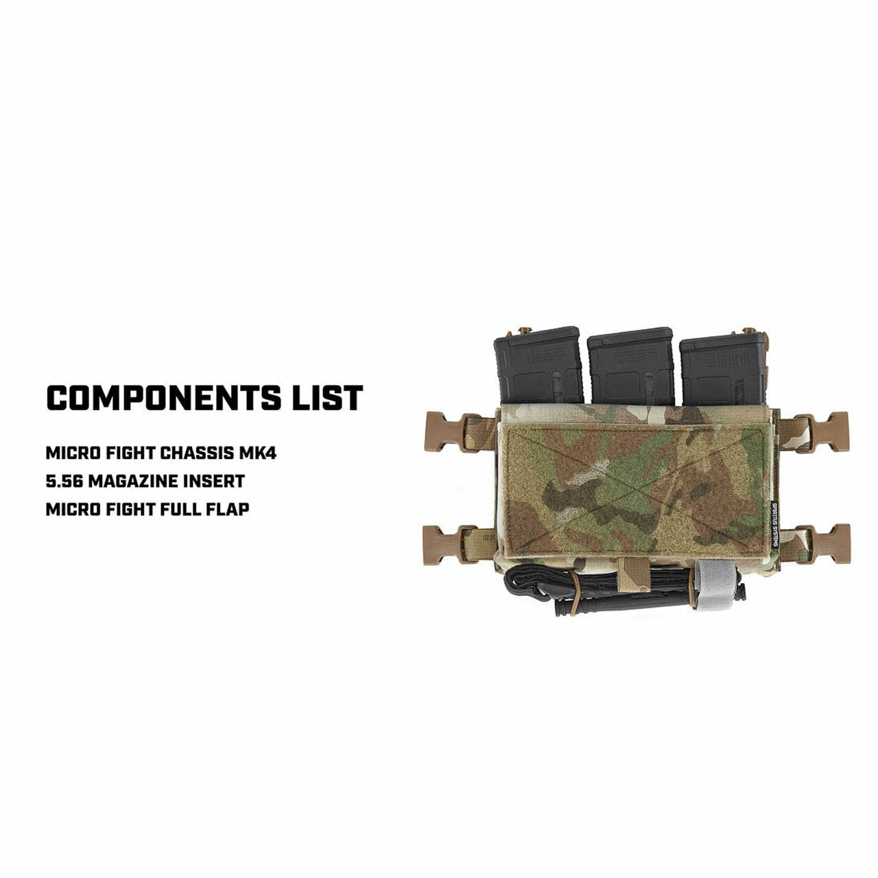 Spiritus Systems Micro Fight Chassis Mk4 configured with 5.56 magazine insert and Full Flap attached, modular chest rig platform set up as lightweight tactical placard with rifle mag retention and secure front closure system