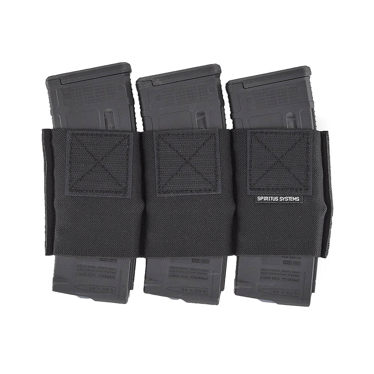 Multiple Spiritus Systems Triple 5.56 magazine inserts showing the elastic retention design used for secure storage of 5.56 rifle magazines in Micro Fight chassis systems.