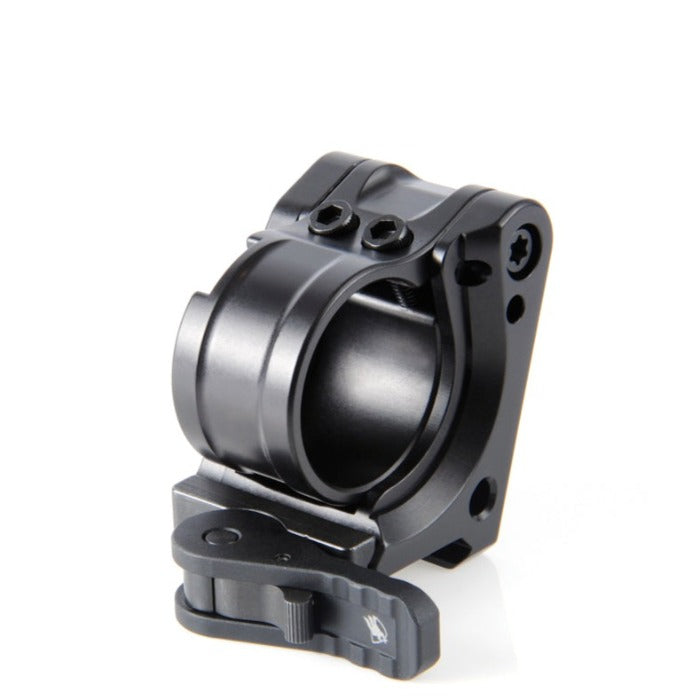 Unity FAST Aimpoint Magnifier Mount Black right profile with magnifier in shooting position aligned inline for precision rifle setup