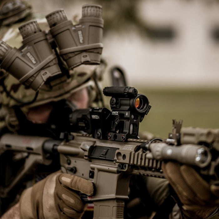 Unity FAST Aimpoint Magnifier Mount mounted on tactical duty carbine featuring 7075 aluminum construction and QD Auto Lock lever system