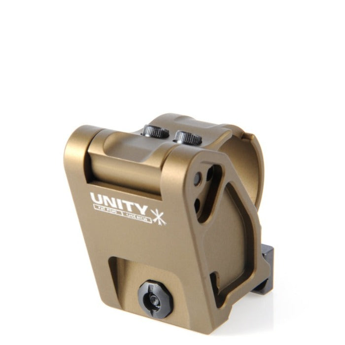 Unity FAST Aimpoint Magnifier Mount FDE left side with magnifier locked inline behind optic for magnified shooting