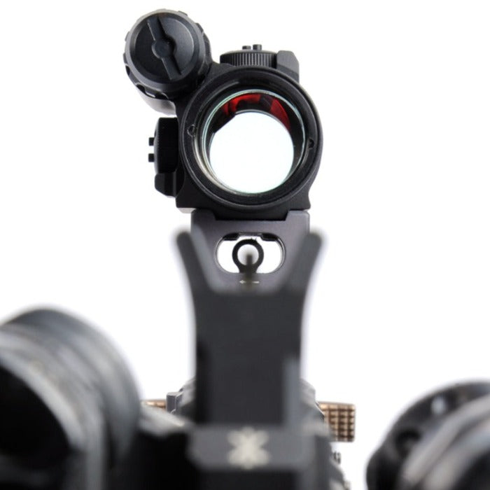 Unity FAST Aimpoint Micro Mount 2.26 with Micro footprint red dot installed showing elevated optic height and integrated backup iron sights
