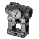 Unity FAST Aimpoint Micro Mount 2.26 with Aimpoint Micro footprint red dot installed showing integrated BUIS system and raised shooting position