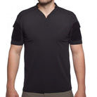 Front view of the Velocity Systems BOSS Rugby Short Sleeve Combat Shirt in Black, a USA-made tactical range top built for law enforcement, military, and training. Features 4-way stretch nylon-spandex, UV protection, and moisture-wicking comfort.