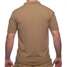 Back view of the Velocity Systems BOSS Rugby Short Sleeve Combat Shirt in Coyote Brown, a lightweight 4-way stretch tactical range top with moisture-wicking, UV protection, and durable construction for military and law enforcement use.