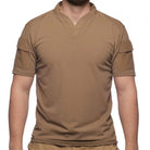 Velocity Systems BOSS Rugby Short Sleeve Combat Shirt in Coyote Brown, a lightweight tactical base layer made in the USA with 4-way stretch nylon-spandex, UV protection, and moisture-wicking tech. Ideal for range training, patrol, and military field use.
