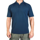 Front view of the Velocity Systems BOSS Rugby Short Sleeve Combat Shirt in Navy Blue, a USA-made tactical base layer built for law enforcement, range, and patrol. Features 4-way stretch nylon-spandex, UV protection, and moisture-wicking comfort.