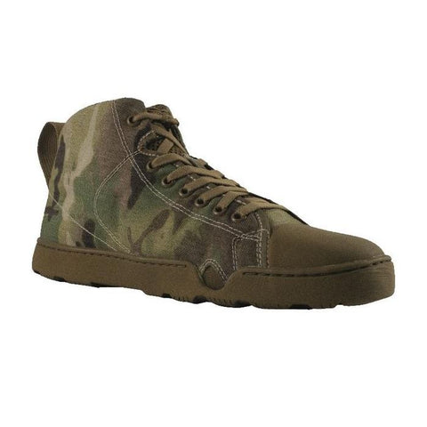 Free-standing Altama OTB shoes from Maritime Assault Mid line in green, tan, and brown Multicam